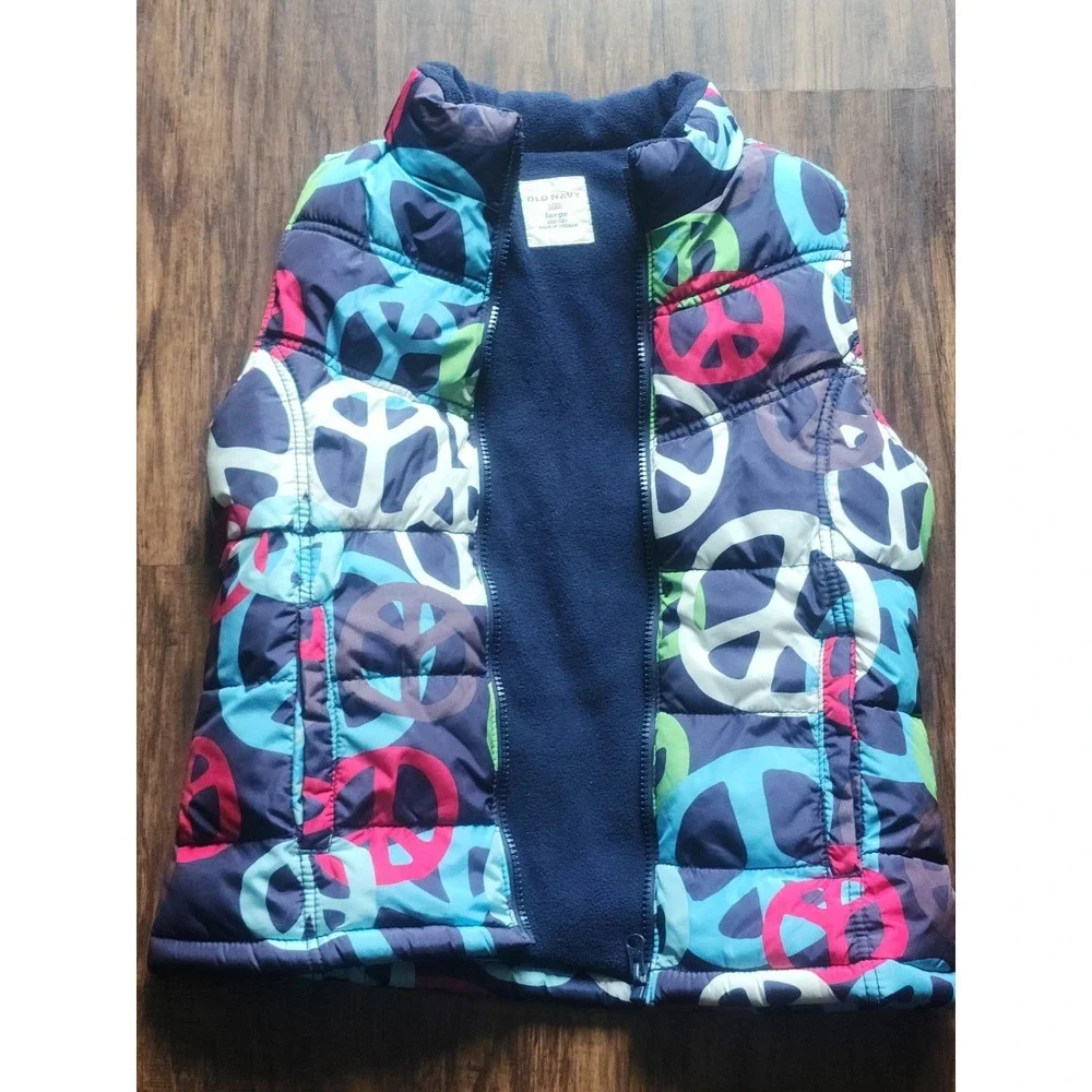 Girls Old Navy Vest Puffy Fleece Lined Front Zip Peace Sign Size Large 10 12 L